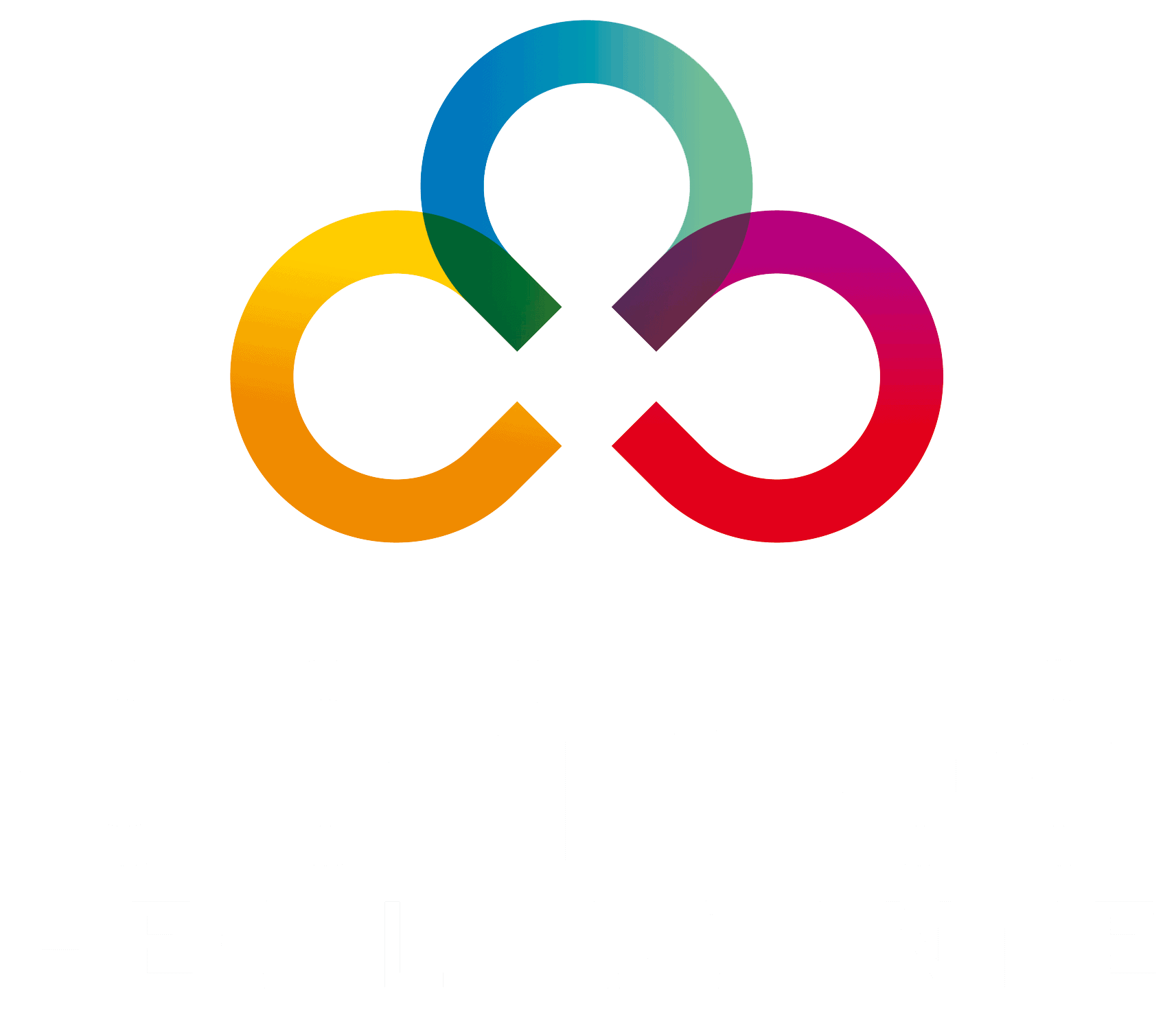 Logo du Comité HEC de l'Université de Lausanne, avec 3 couleurs, jaune pour le pôle culturel, rouge pour le pôle soirées et vert-cyan pour le pôle sport. 