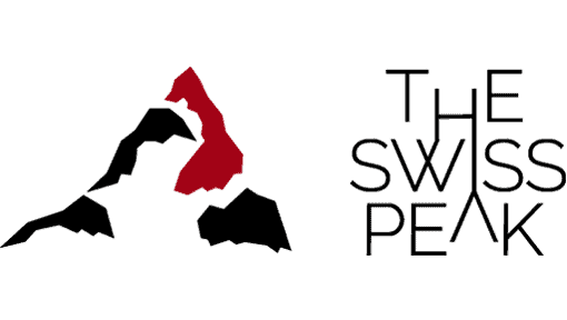 Logo de The Swiss Peak, une figure de montagne ressemblant au Cervin, noire et rouge.